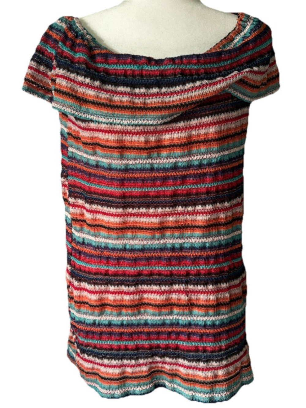New Directions XL Off The Shoulder Crochet Knot Striped Multicolor Boho Top